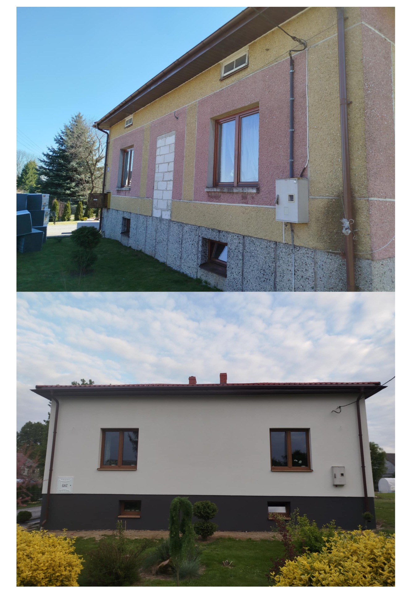 Dom przed i po renowacji elewacji: od kolorowej mozaiki do gładkiej, jasnej fasady z ciemnym cokołem. Widoczne okna z brązowymi ramami i skrzynka gazowa.