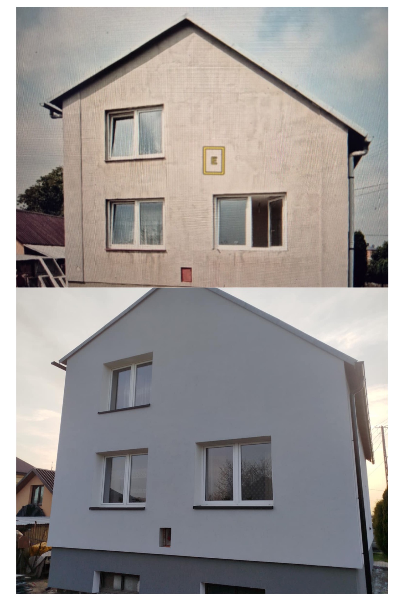 Dom przed i po renowacji elewacji: od kremowej, zniszczonej powierzchni do gładkiej, szarej fasady z nowymi oknami. Widoczna zmiana kolorystyki i poprawa estetyki budynku.