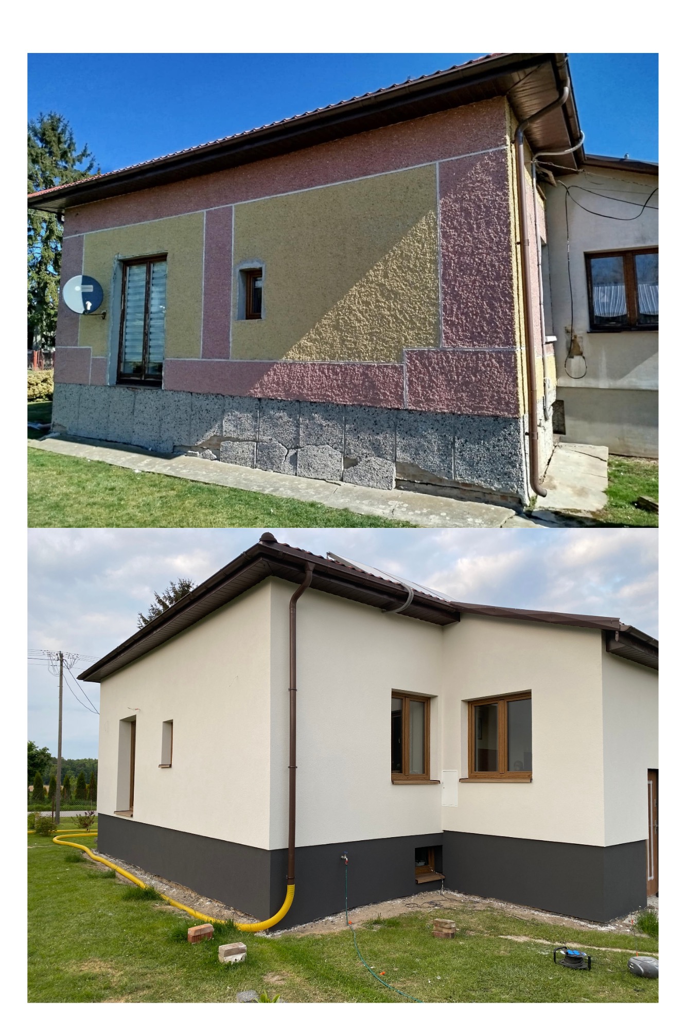 Porównanie elewacji domu: przed - z kolorowym tynkiem i anteną satelitarną, po - z gładką, jasną elewacją i ciemną podmurówką. Widoczne okna z brązowymi ramami.