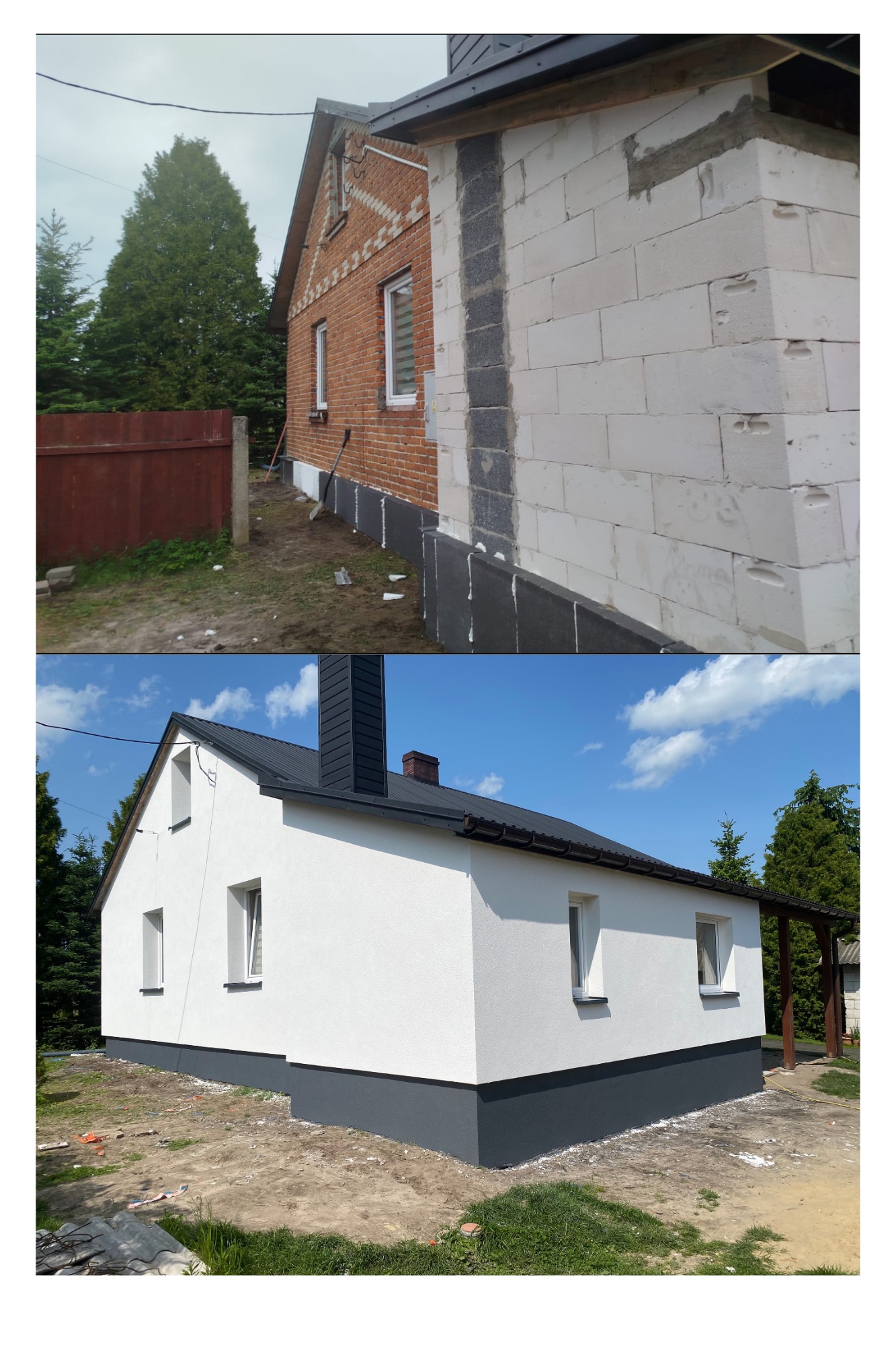Dom w trakcie i po elewacji: surowe mury z ociepleniem i otynkowana, pomalowana fasada z szarą podmurówką, okna w bieli, zieleń w tle.