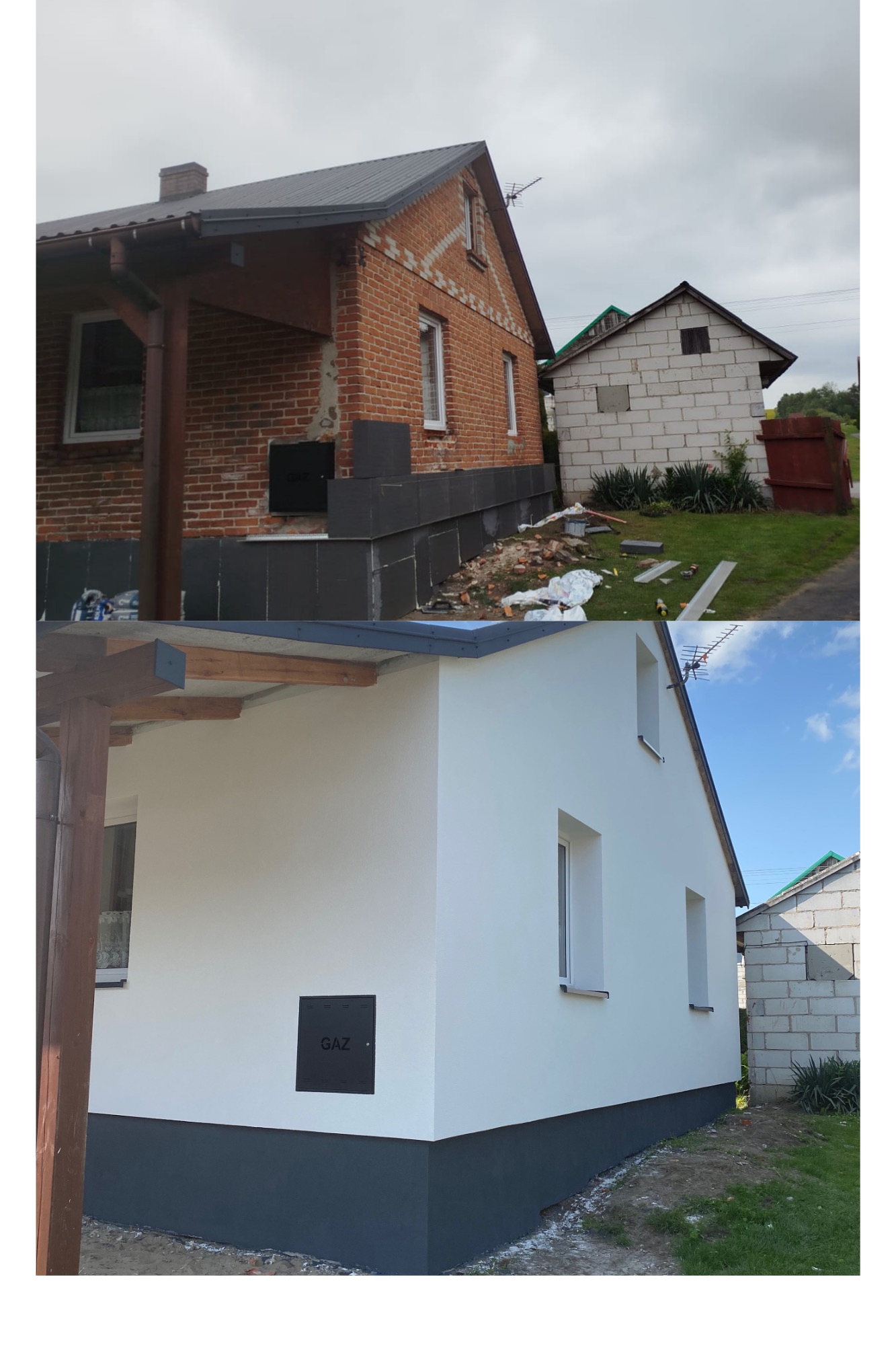 Zdjęcie 'przed i po' prezentujące renowację elewacji domu: od surowej cegły i częściowo ocieplonej ściany, do gładkiej, białej elewacji z ciemnym cokołem i napisem 'GAZ'.