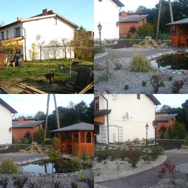 Kolaż przedstawiający metamorfozę ogrodu: od zaniedbanego trawnika z gruzem i psem, do zagospodarowanego terenu z oczkiem wodnym, altaną i ścieżkami z kamienia.