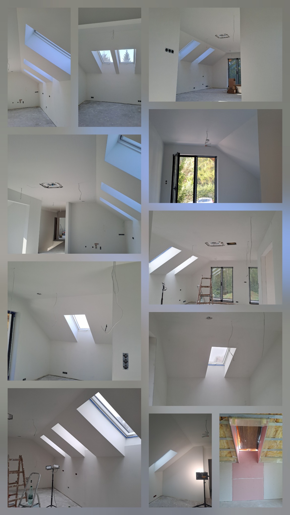 Kolaż zdjęć z remontowanego poddasza: okna dachowe, białe ściany, instalacje elektryczne. Widoczny etap prac wykończeniowych. Ujęcie wnętrz w trakcie malowania.