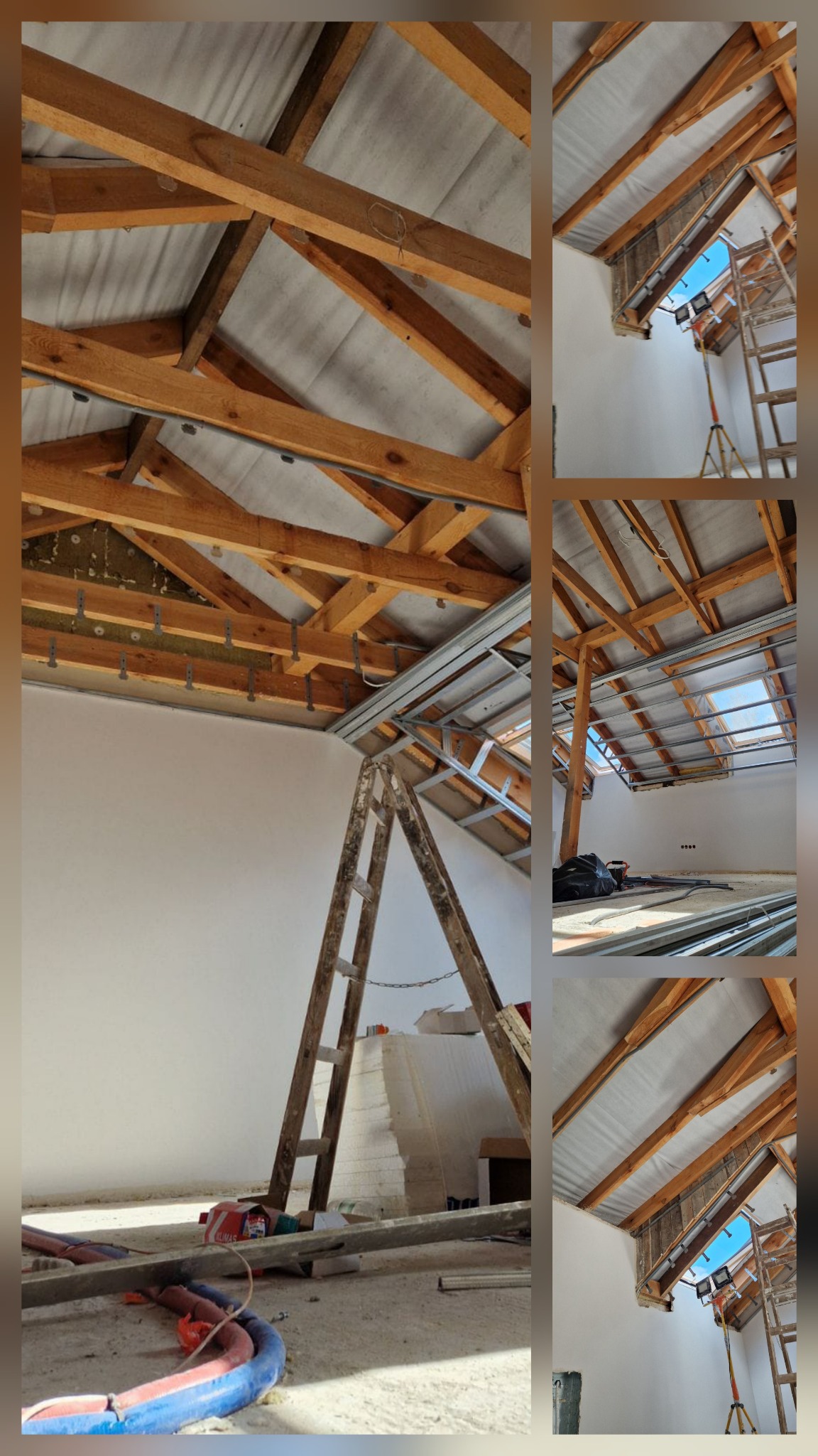 Skośny sufit poddasza z drewnianą konstrukcją i metalowymi profilami, drabina oparta o ścianę, widoczne instalacje, etap prac wykończeniowych.