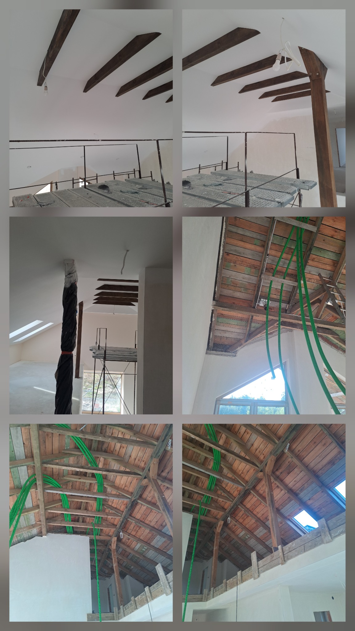 Kolaż zdjęć z wnętrza remontowanego poddasza: drewniane belki stropowe, instalacja elektryczna w zielonych rurach, rusztowania, surowe ściany, okna dachowe.