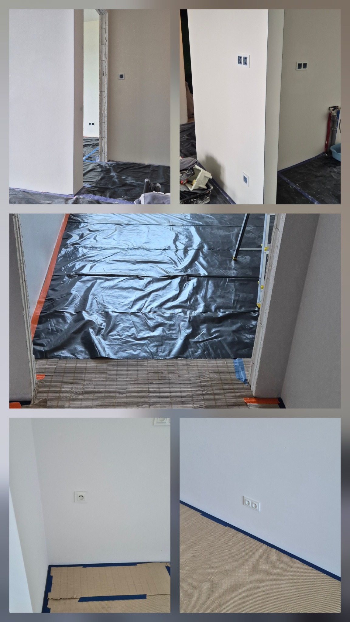 Białe ściany po malowaniu w Łowiczu, zabezpieczona podłoga, widoczne gniazdka elektryczne i włączniki. Detal wykończenia wnętrza po remoncie.