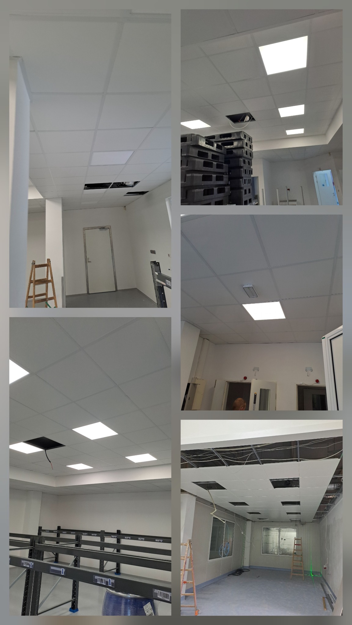 Montaż sufitu podwieszanego kasetonowego z oświetleniem w pomieszczeniu biurowym. Widoczne elementy konstrukcyjne oraz kable. Ujęcie z różnych perspektyw.