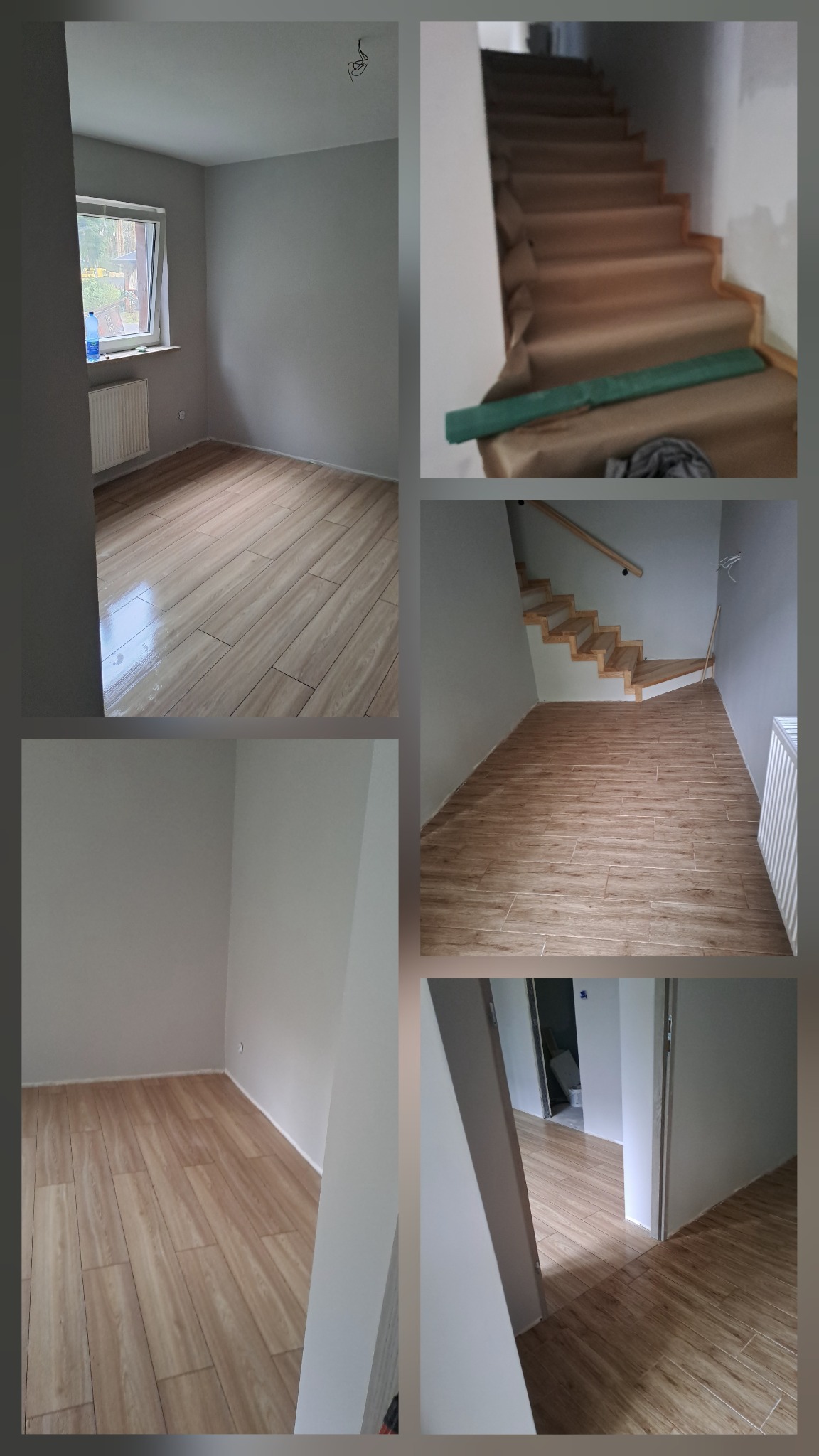 Kolaż zdjęć z wnętrza: pokój po malowaniu, drewnopodobna podłoga, schody zabezpieczone folią malarską, świeżo pomalowane ściany na szaro, widok na okno i grzejnik.