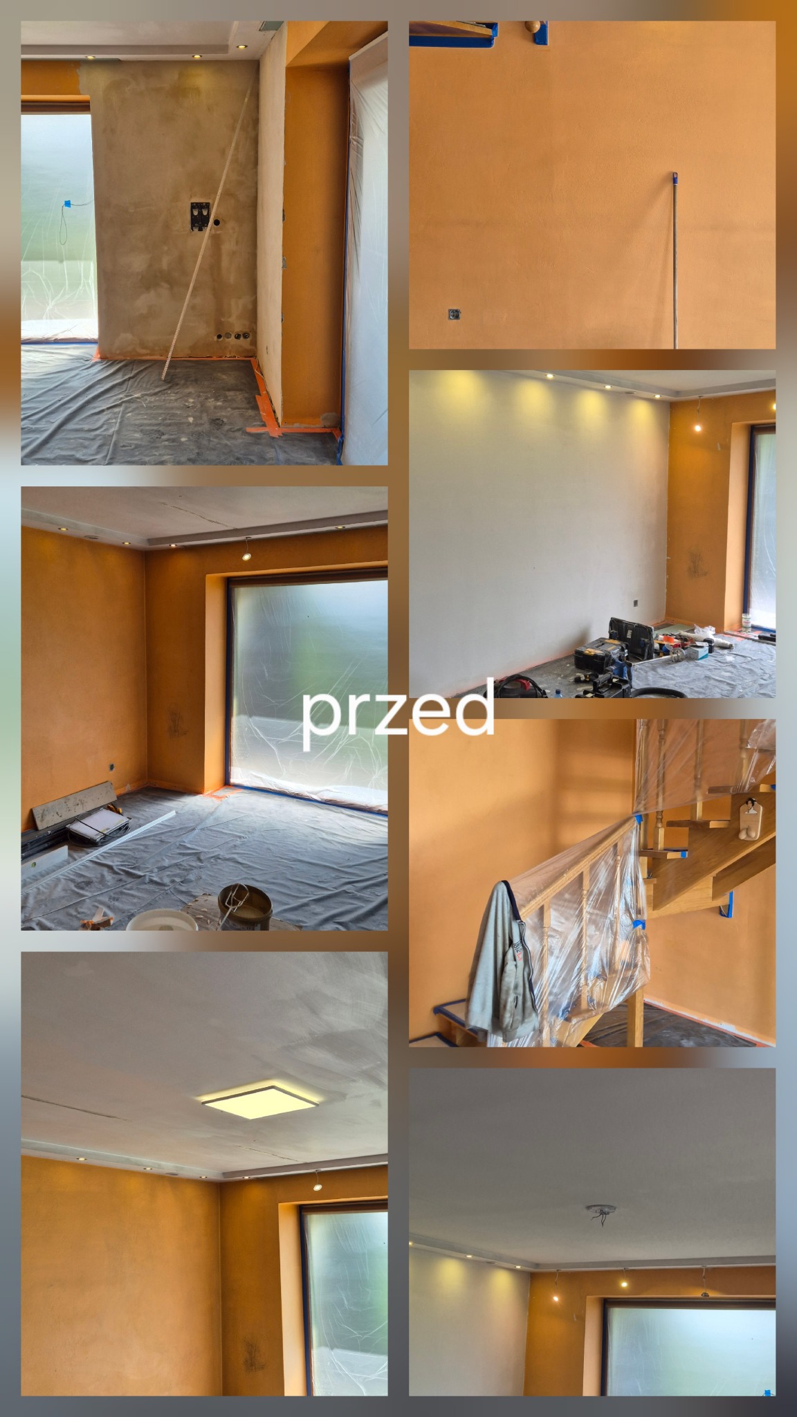 Kompozycja zdjęć wnętrza w trakcie przygotowań do malowania: zabezpieczone folią okna, schody, podłogi. Widoczne ściany w dwóch odcieniach, narzędzia. Etap 'przed' pracami.