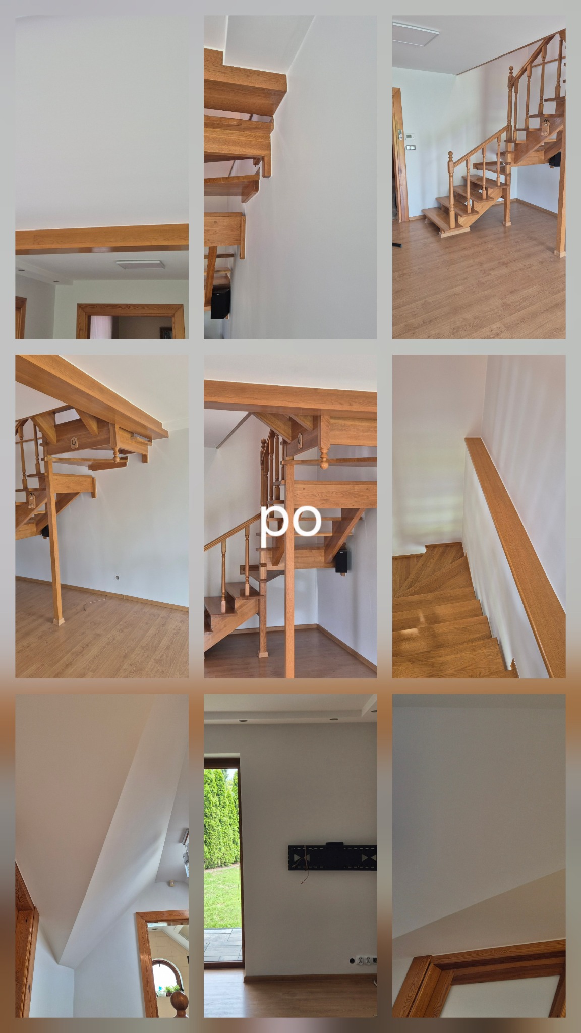 Kolaż zdjęć prezentujący drewniane schody po remoncie. Widoczne detale wykończenia, balustrady i elementy dekoracyjne w jasnym, nowoczesnym wnętrzu.