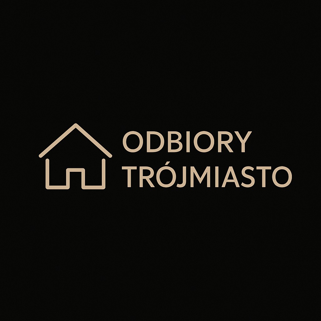 Logo firmy 'Odbiory Trójmiasto' na czarnym tle. Minimalistyczny symbol domu obok napisu. Kolor beżowy, stonowany. Elegancki i nowoczesny design.