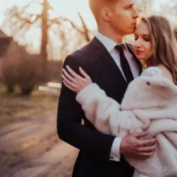 Elegancka para młoda w objęciach na tle drzew w ciepłym świetle zachodzącego słońca. Panna młoda w futerku, widoczny pierścionek.