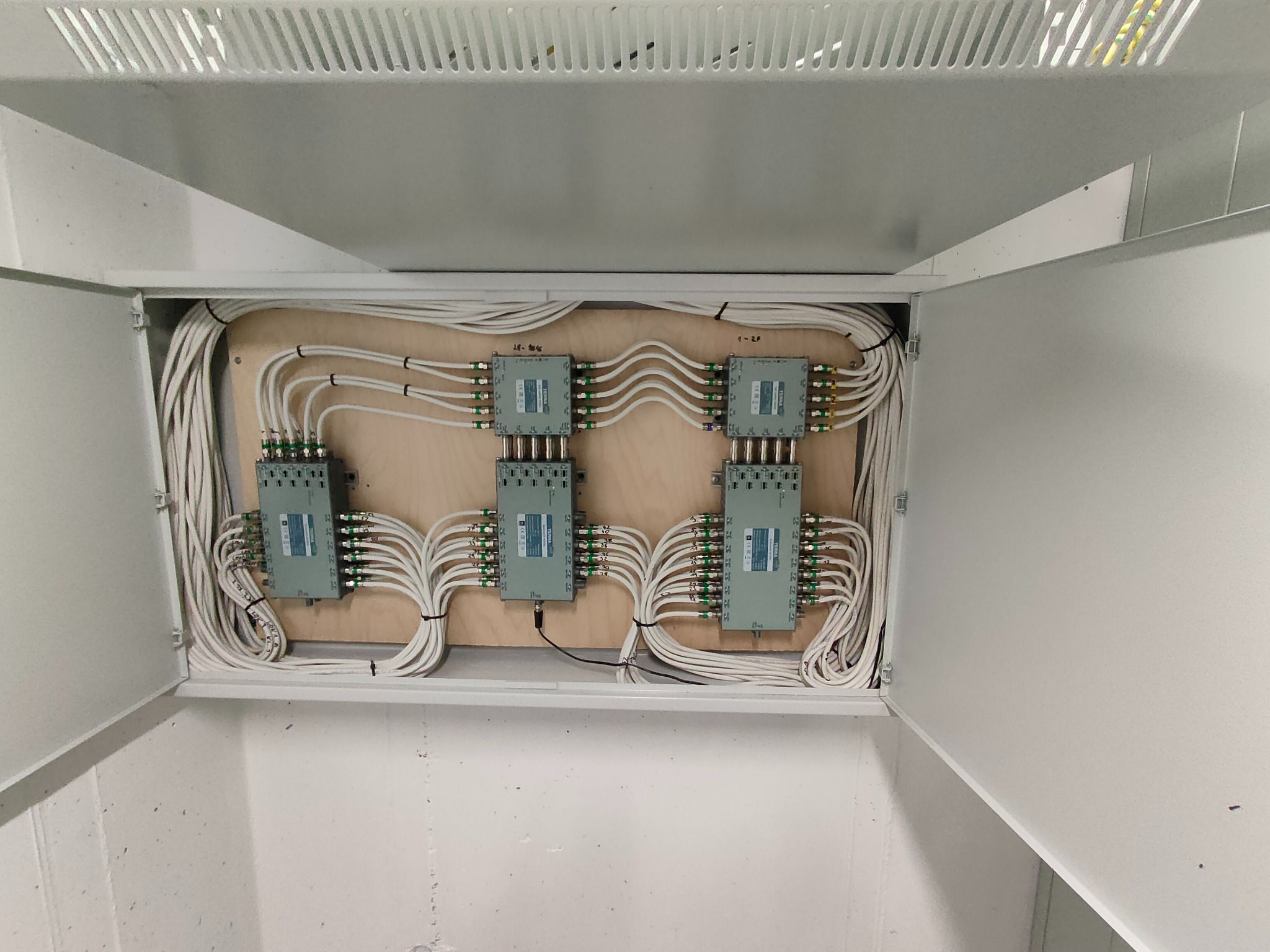 Rozdzielnia elektryczna z licznymi białymi kablami, zamontowana na drewnianej płycie wewnątrz białej szafki z otwartymi drzwiczkami, widok z góry.