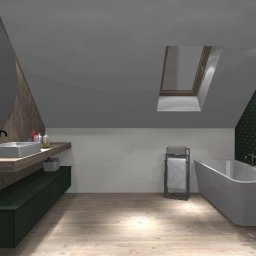 Sedno Przestrzeni Anna Sułot - Wizualizacja łazienki na poddaszu z owalnym lustrem, drewnianą ścianą w jodełkę i zieloną szafką pod umywalką. Uwagę przykuwa okno dachowe i wzorzysta ściana.