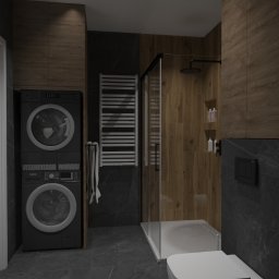Sedno Przestrzeni Anna Sułot - Nowoczesna łazienka z pralką i suszarką w zabudowie, kabiną prysznicową typu walk-in i drewnopodobnymi płytkami. Minimalistyczny design z akcentami szarości i bieli.