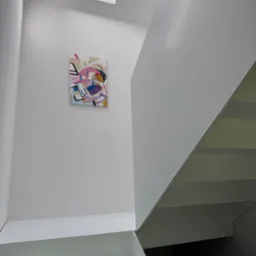 Minimalistyczne wnętrze: białe schody z przeszkloną barierką, abstrakcyjny obraz na ścianie i okno dachowe wpadające w kadr. Nowoczesny design.