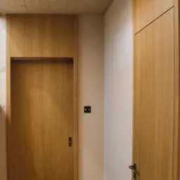 Nowoczesne wnętrze: drewniane drzwi i szafa w zabudowie, surowy betonowy sufit z punktowym oświetleniem. Minimalistyczny design, naturalne materiały, ciepłe odcienie drewna.