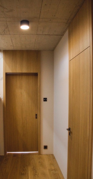 Nowoczesne wnętrze: drewniane drzwi i szafa w zabudowie, surowy betonowy sufit z punktowym oświetleniem. Minimalistyczny design, naturalne materiały, ciepłe odcienie drewna.