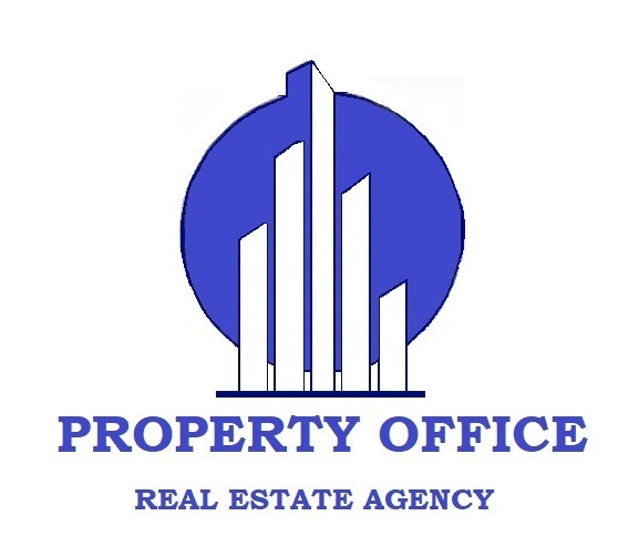 Logo Property Office: białe budynki na niebieskim tle, napis 'REAL ESTATE AGENCY'.