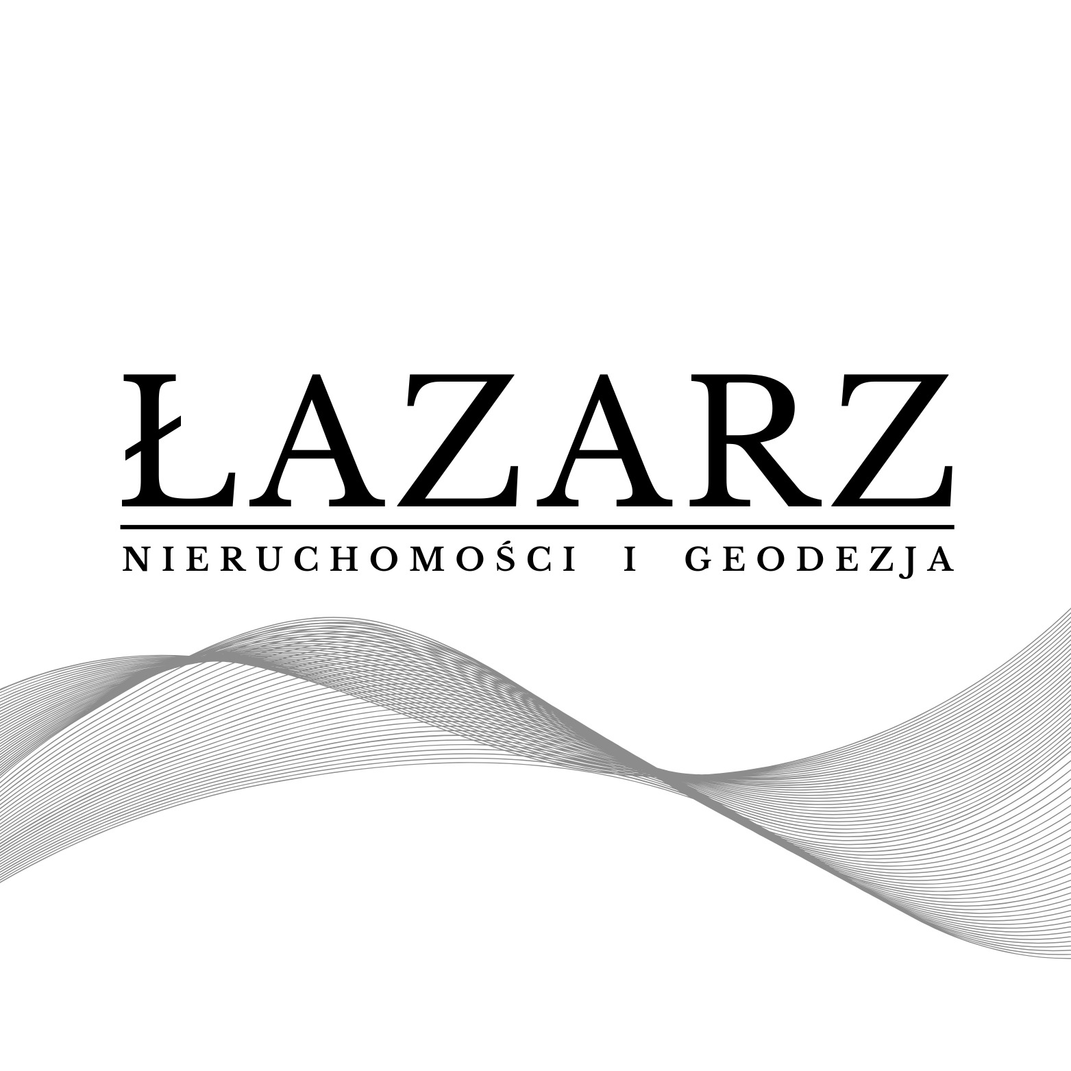 Logo firmy Łazarz Nieruchomości i Geodezja. Czarne, eleganckie litery na białym tle, z abstrakcyjnym motywem linii w dolnej części.