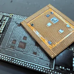 Zbliżenie na płytę główną telefonu z układem BGA, widoczne kule lutownicze i ślady topnika. Precyzyjna naprawa elektroniki.