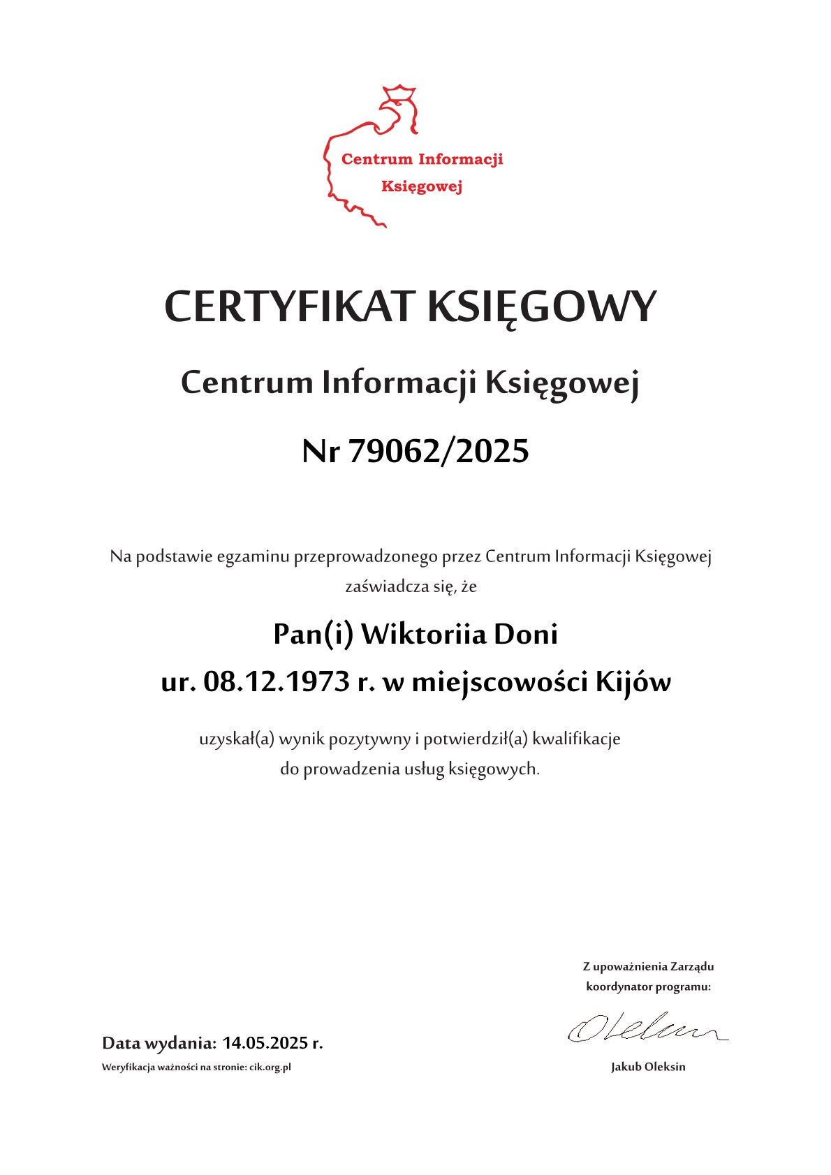 Certyfikat księgowy Centrum Informacji Księgowej nr 79062/2025 dla Wiktorii Doni, potwierdzający kwalifikacje do prowadzenia usług księgowych.