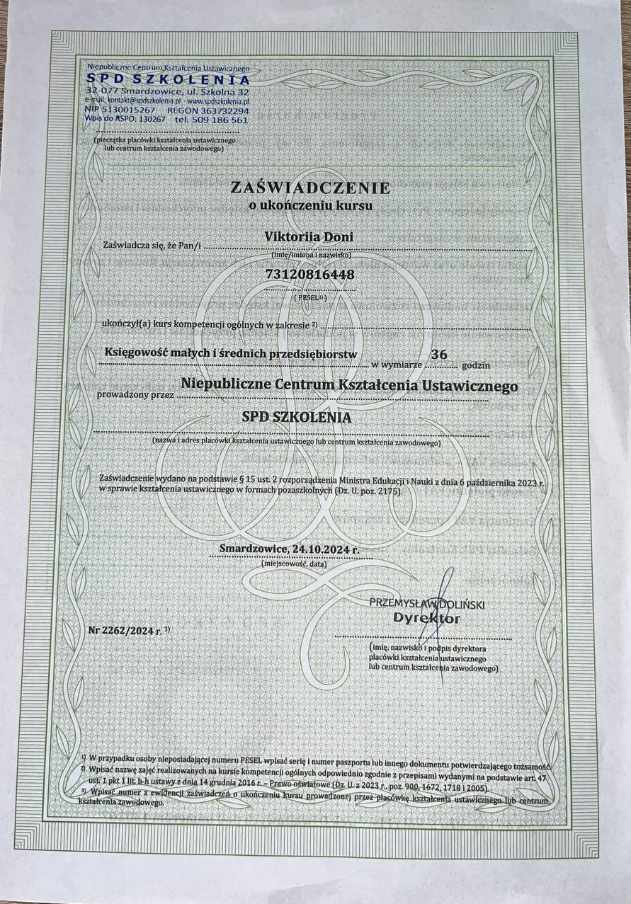 Zaświadczenie ukończenia kursu księgowości małych i średnich przedsiębiorstw, wydane przez Niepubliczne Centrum Kształcenia Ustawicznego SPD Szkolenia.