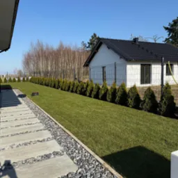 Zadbany trawnik z równo przyciętą trawą, obrzeża z kamienia i ścieżka z płyt betonowych, tuje wzdłuż ogrodzenia. W tle dom z ciemnym dachem i jasną elewacją.