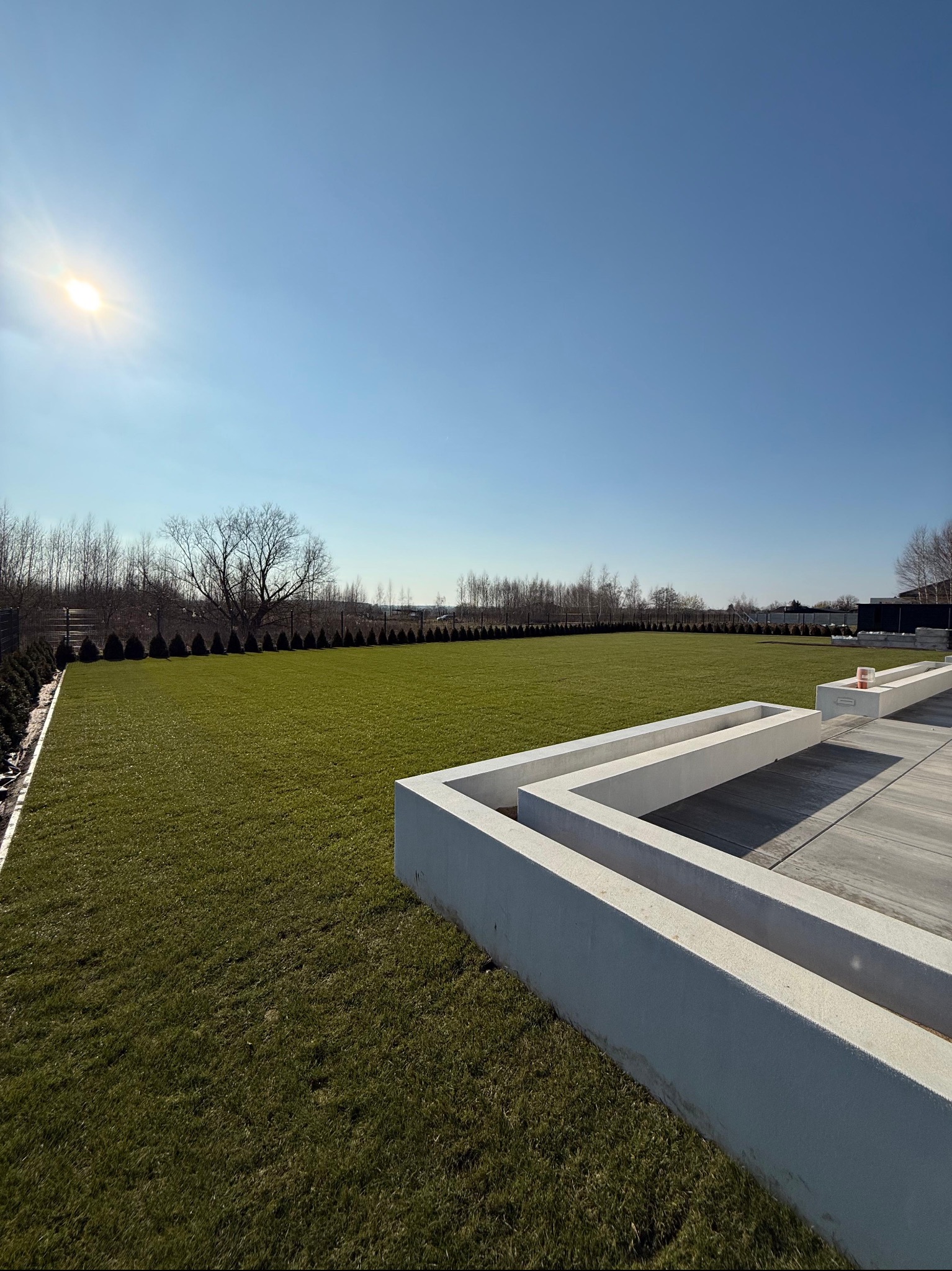 Rozległy trawnik z rolki, obrzeża z tujami, nowoczesne betonowe donice i drewniany taras w słoneczny dzień. Widok na zadbany ogród.