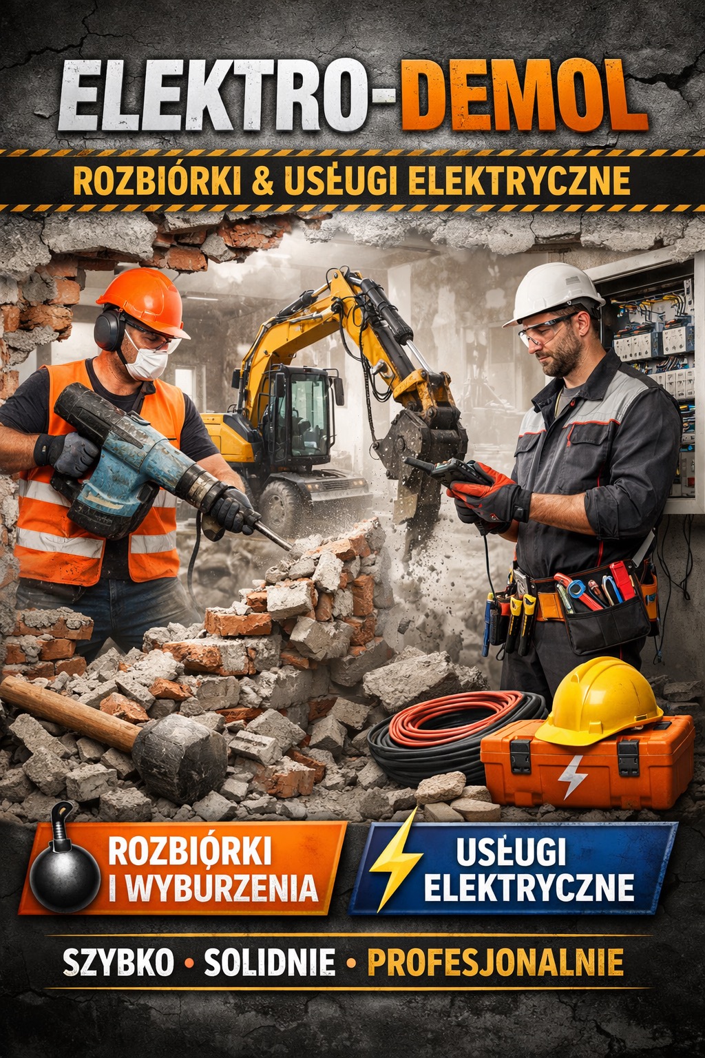 Pracownicy w kaskach podczas rozbiórki ściany i prac elektrycznych. W tle koparka. Rozbiórki i usługi elektryczne.