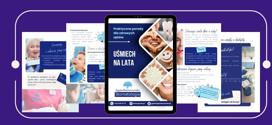 Tablet z grafiką stomatologiczną 'Uśmiech na lata' Agaty Roztoczyńskiej, otoczony ulotkami i informacjami o zdrowiu jamy ustnej w fioletowej ramie.
