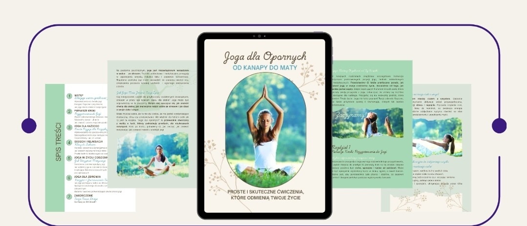 E-book 'Joga dla Opornych' na tablecie w Bielsku-Białej, z kobietą w pozycji lotosu i hasłem 'Proste ćwiczenia, które odmienią Twoje życie'. Estetyczny układ graficzny.