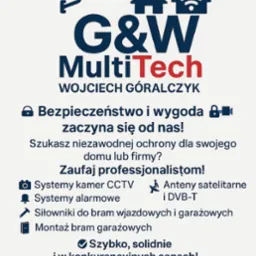 Grafika reklamowa firmy G&W MultiTech z Skarżyska-Kamiennej, oferującej systemy alarmowe, monitoring, automatykę do bram i anteny. Logo firmy i hasło: Bezpieczeństwo i wygoda zaczyna się od nas!