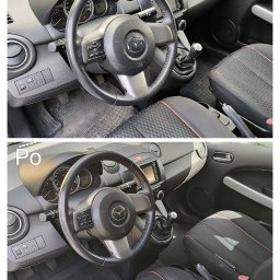 Czystość z Pasją Dawid Czyżycki - Wnętrze auta Mazda przed i po czyszczeniu: kierownica, deska rozdzielcza i fotele. Widoczna różnica w czystości i wyglądzie. Ujęcie z perspektywy kierowcy.