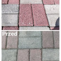 Czystość z Pasją Dawid Czyżycki - Kostka brukowa przed i po czyszczeniu. Górna część pokazuje kostkę po zabiegu, z intensywnymi kolorami. Dolna część prezentuje kostkę przed czyszczeniem, z widocznym zabrudzeniem.