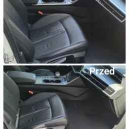 Auto po czyszczeniu: skórzany fotel kierowcy i dywanik w aucie, widoczne różnice 'przed' i 'po', detale wnętrza pojazdu.