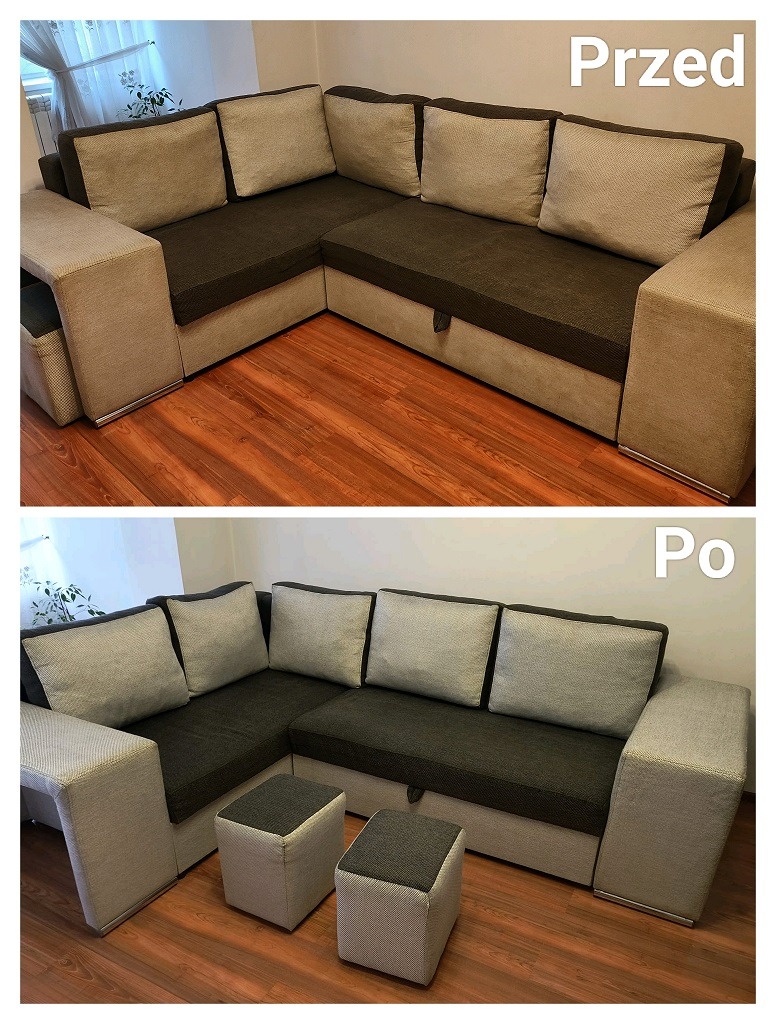 Zdjęcie 'przed i po' narożnika z jasną tapicerką. Górna część pokazuje narożnik przed czyszczeniem, a dolna po. Widoczne dwa pufy w dolnej części zdjęcia.