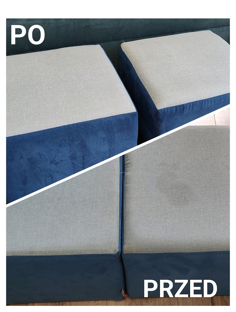 Sofa modułowa: porównanie 'przed' z widocznym zabrudzeniem i 'po' profesjonalnym praniu, ukazujące wyraźną różnicę w czystości tapicerki.