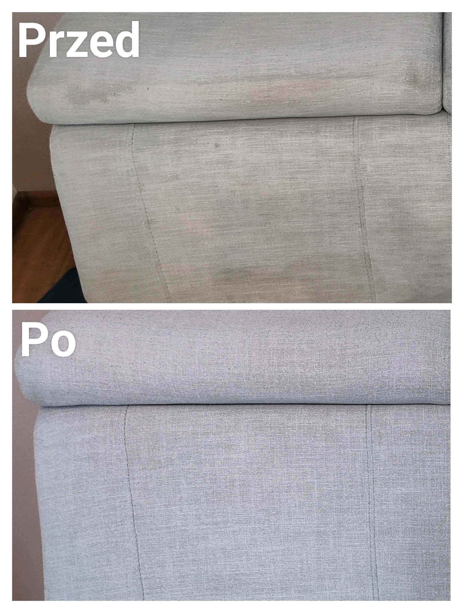 Tapicerka sofy w odcieniach szarości: widok przed i po czyszczeniu, ukazujący wyraźną różnicę w wyglądzie i świeżości materiału. Zastosowany kadr podkreśla detale.