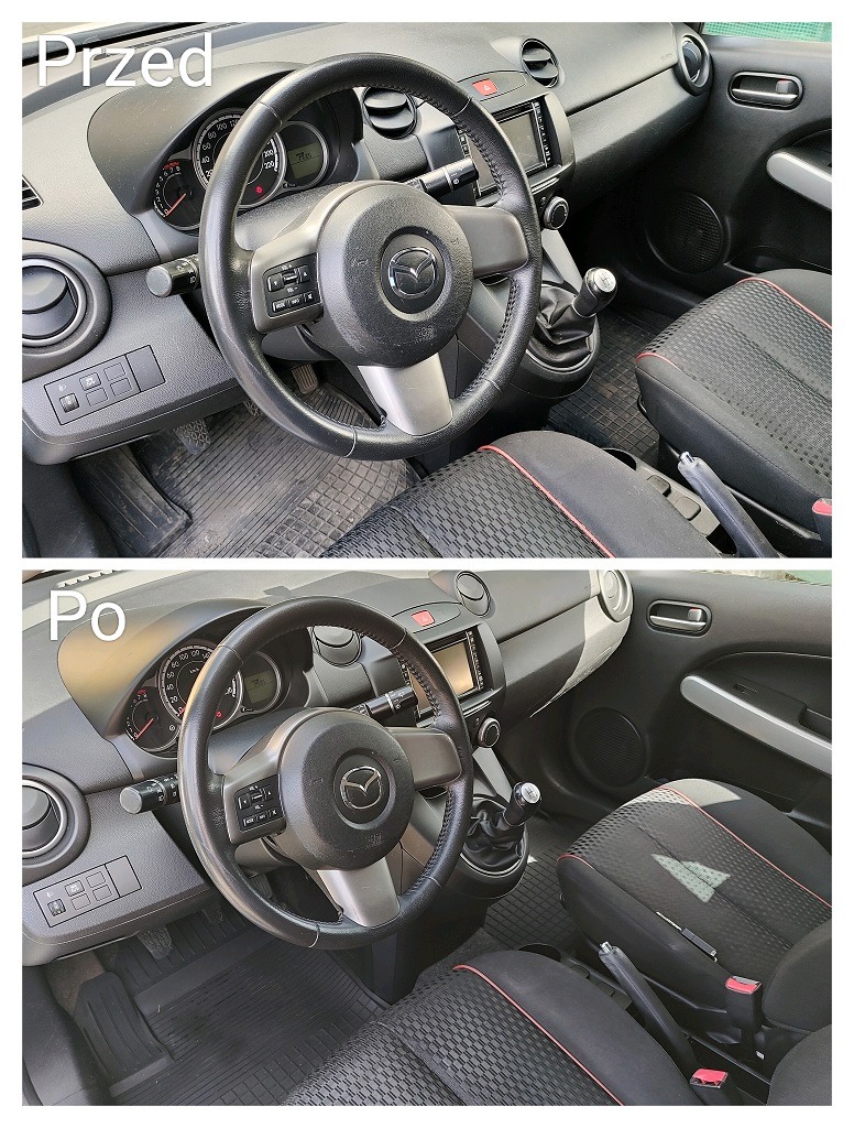 Wnętrze auta Mazda przed i po czyszczeniu: kierownica, deska rozdzielcza i fotele. Widoczna różnica w czystości i wyglądzie. Ujęcie z perspektywy kierowcy.