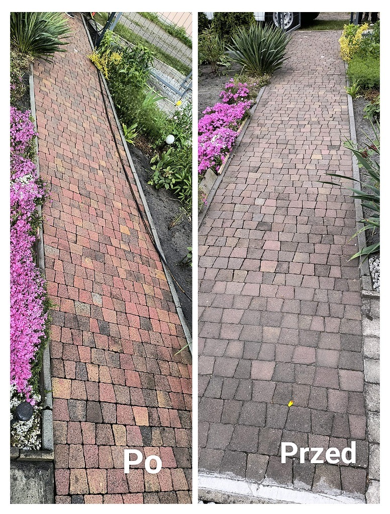 Efekt 'przed i po' mycia kostki brukowej. Po lewej czysta, czerwona kostka, po prawej zabrudzona, szara kostka. Widoczne kwiaty i rośliny po bokach ścieżki.