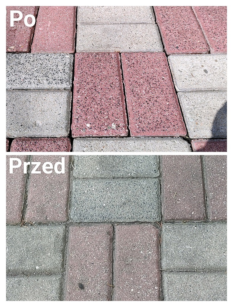 Kostka brukowa przed i po czyszczeniu. Górna część pokazuje kostkę po zabiegu, z intensywnymi kolorami. Dolna część prezentuje kostkę przed czyszczeniem, z widocznym zabrudzeniem.