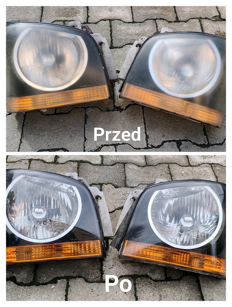 Reflektory samochodowe przed i po czyszczeniu na tle kostki brukowej. Widoczna różnica w przejrzystości kloszy.