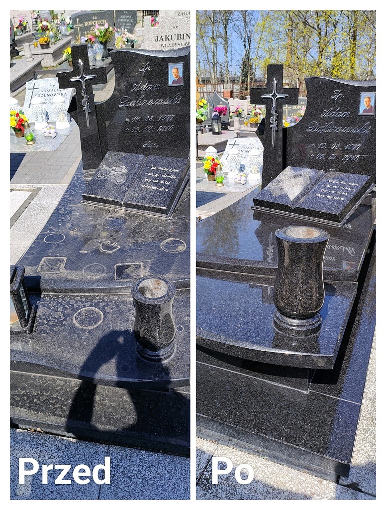 Czyszczenie nagrobka: efekt przed i po. Lewa strona nagrobka jest brudna, prawa strona po czyszczeniu jest czysta i błyszcząca. Widoczny czarny wazon na kwiaty.