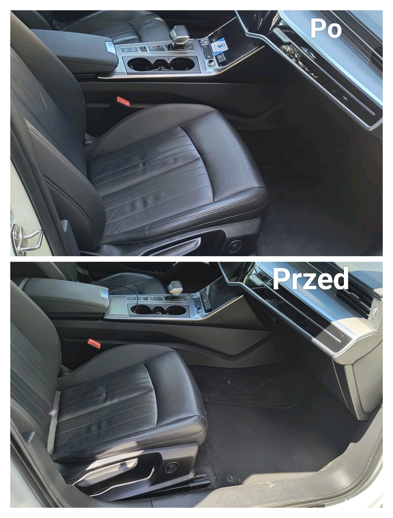 Auto po czyszczeniu: skórzany fotel kierowcy i dywanik w aucie, widoczne różnice 'przed' i 'po', detale wnętrza pojazdu.