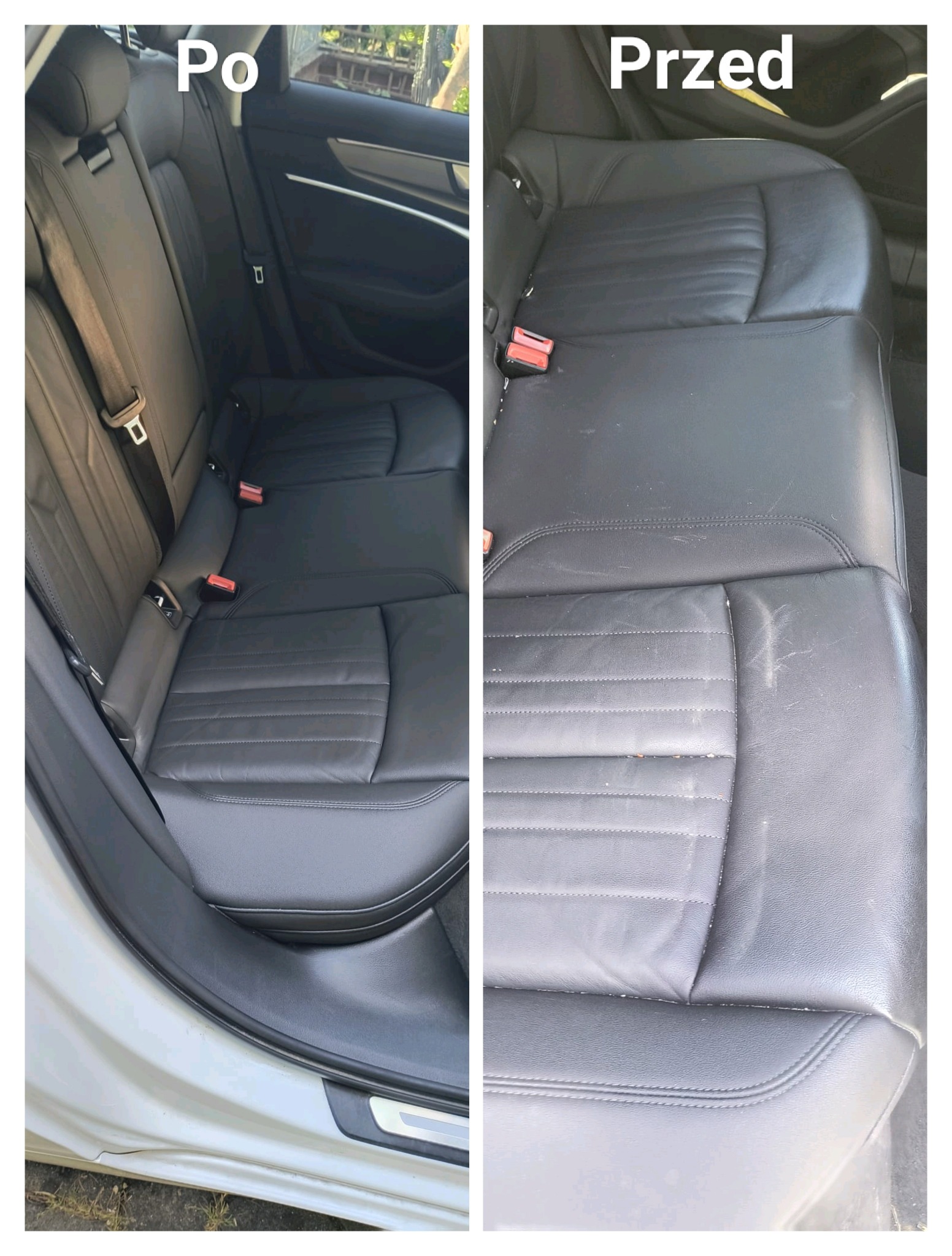 Zdjęcie typu 'przed i po' prezentujące tylną skórzaną kanapę samochodową: po lewej czysta, po prawej zabrudzona. Widoczne detale przeszyć i faktury skóry.