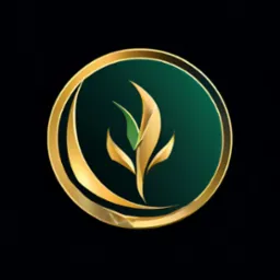 Złoty logotyp z motywem roślinnym na ciemnozielonym tle w złotej obwódce. Elegancki design, idealny do identyfikacji wizualnej marki.