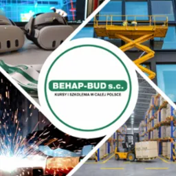 Kompozycja z VR, podnośnika, spawania i wózka widłowego. Logo: BEHAP-BUD s.c. Kursy i szkolenia w całej Polsce. Różne aspekty szkoleń zawodowych i BHP.