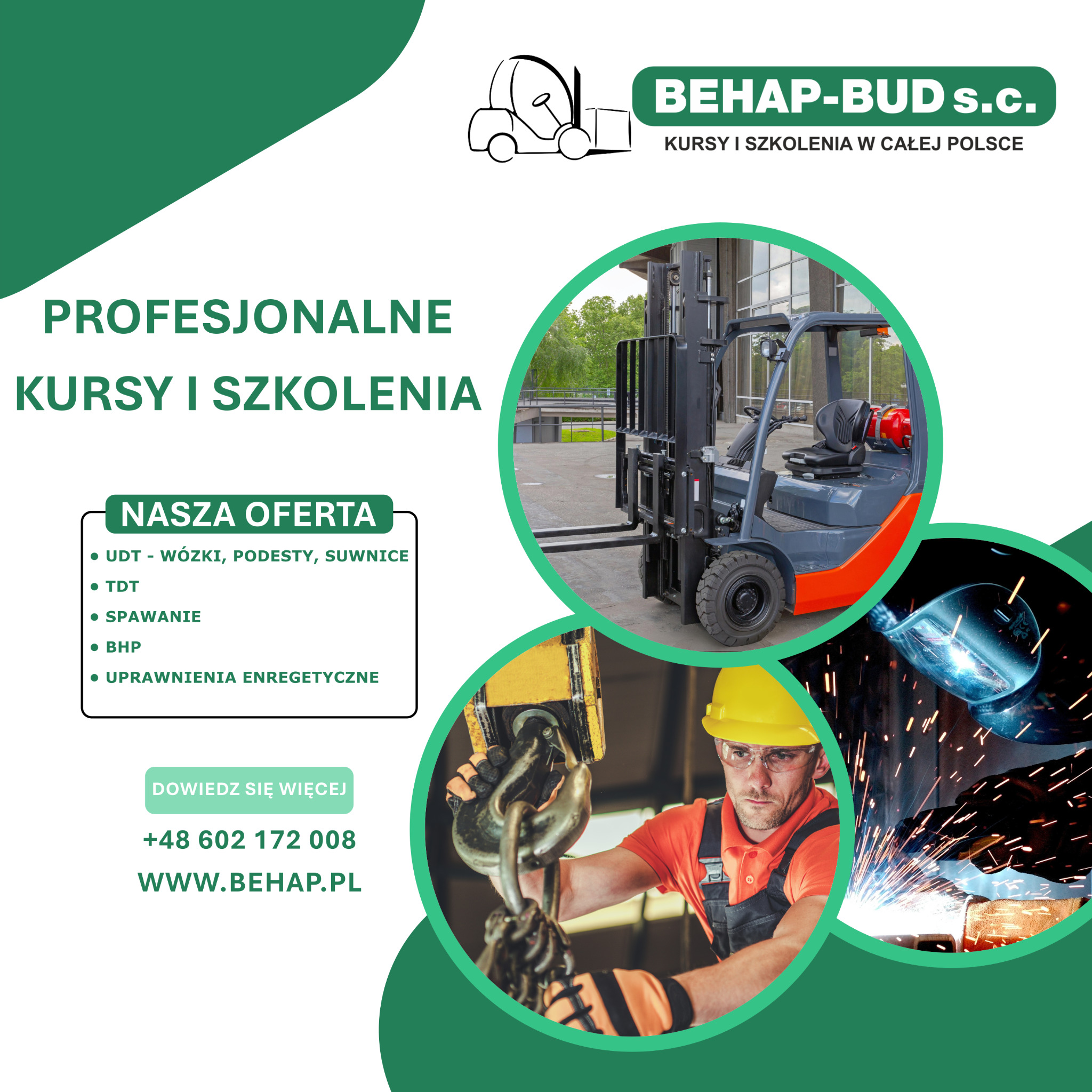 Grafika reklamowa: kursy i szkolenia BHP-BUD s.c. z ofertą: UDT, TDT, spawanie, BHP, uprawnienia energetyczne. W tle wózek widłowy i spawacz.