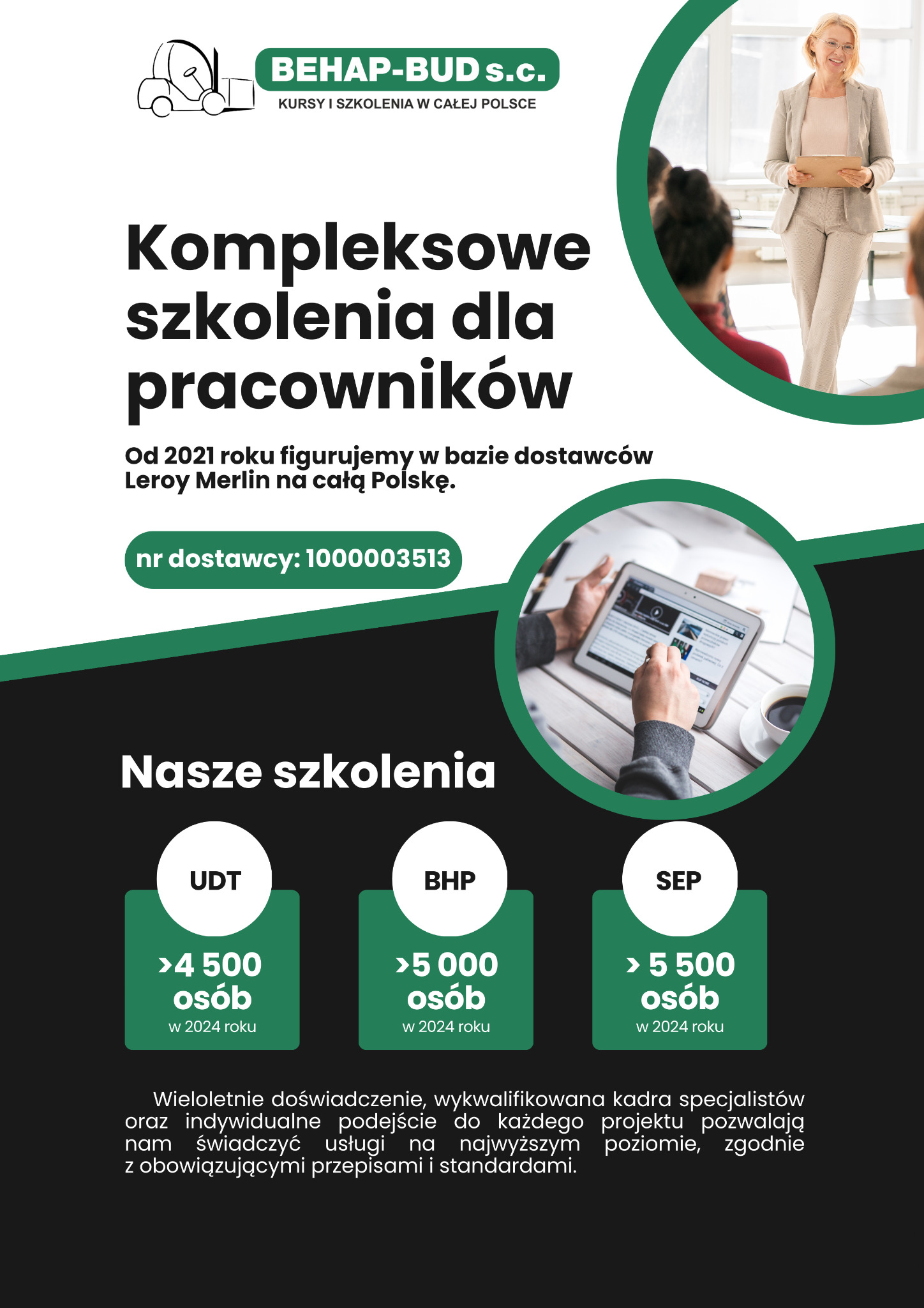 Grafika reklamowa: Kompleksowe szkolenia dla pracowników BEHAP-BUD s.c. z informacją o bazie dostawców Leroy Merlin, statystykami szkoleń UDT, BHP i SEP w 2024.